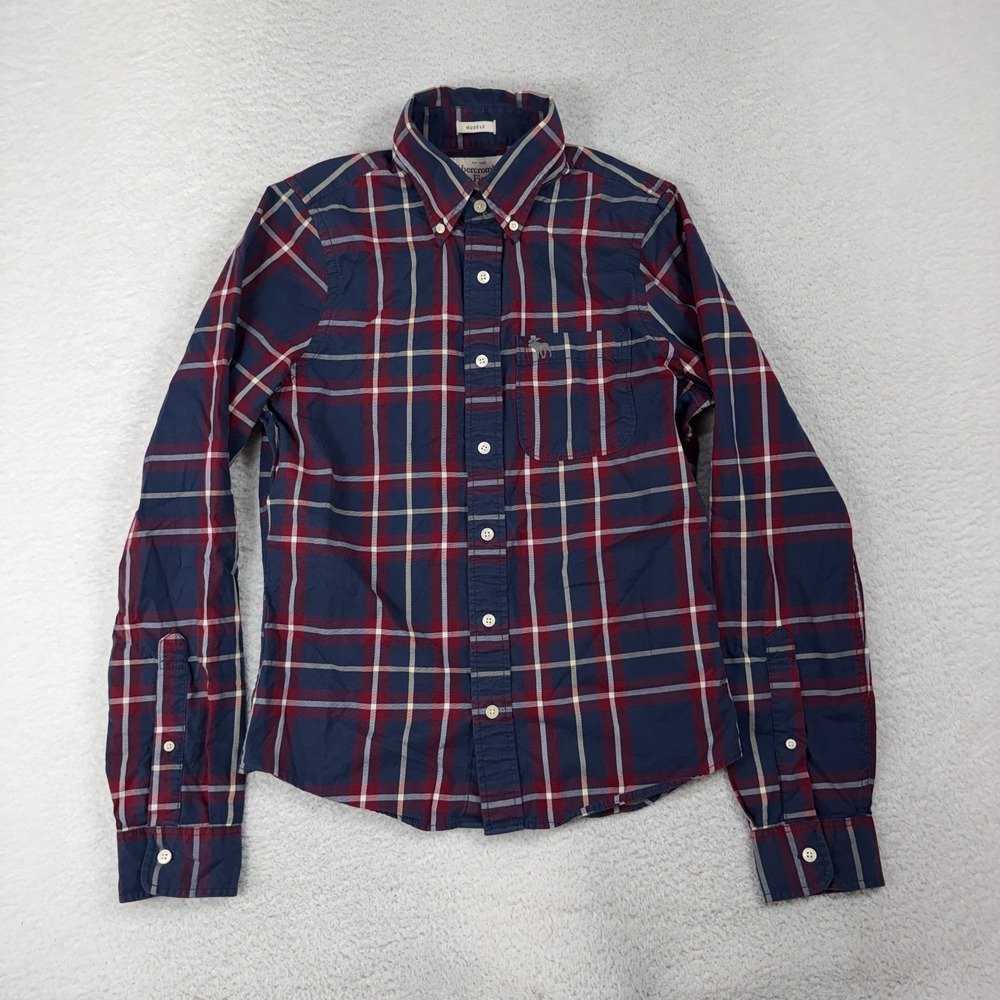Abercrombie Fitch Sz S Muscle Boys Long Sleeve Blue Plaid Button Down NWT Shirt